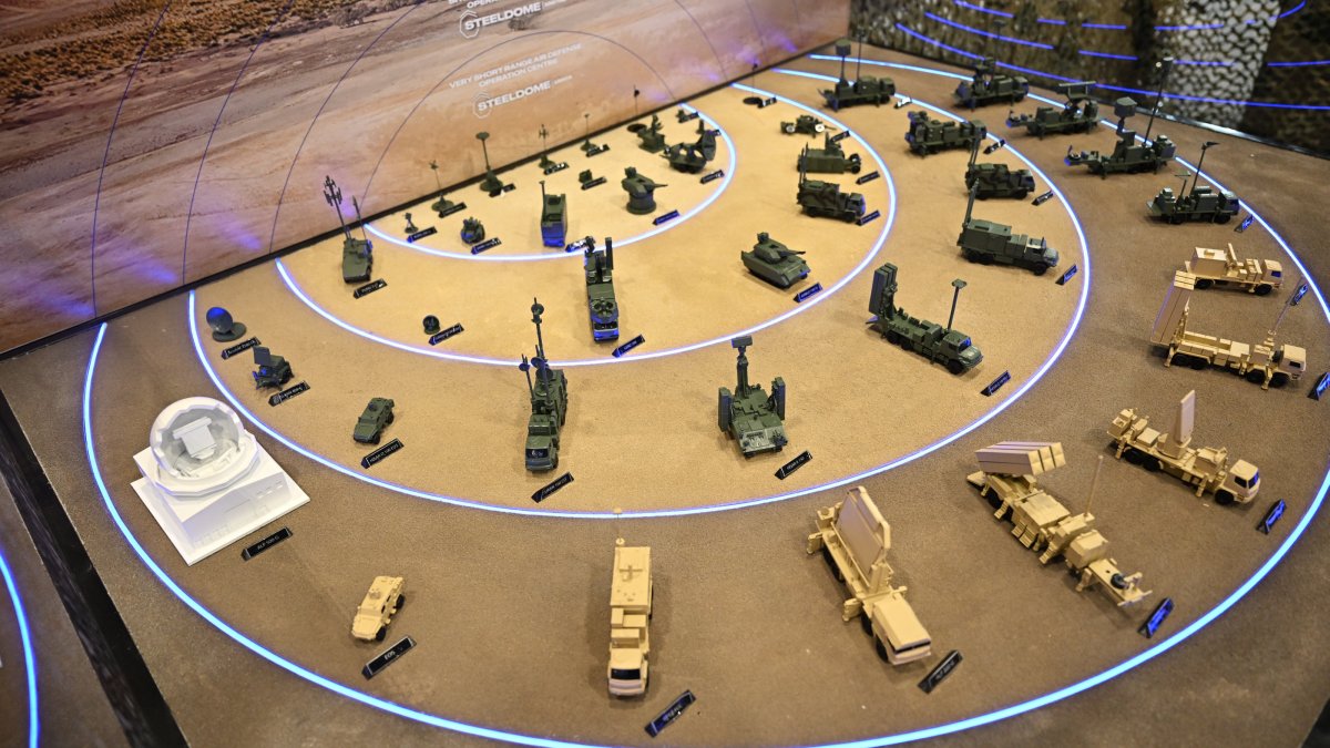 A model comprising systems to be integrated into Türkiye&#039;s Steel Dome is displayed at the booth of Aselsan during the International Defense Industry Fair (IDEF 2025), Istanbul, Türkiye, July 23, 2025. (AA Photo)