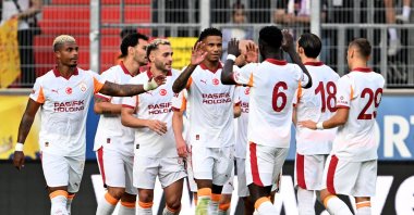 Galatasaray players celebrate after a goal during a friendly match against Cagliari at Raiffeisen Arena, Linz, Austria, July 23, 2025. (AA Photo)