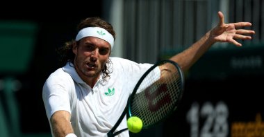 Greece&#039;s Stefanos Tsitsipas in action during his Wimbledon first round match against France&#039;s Valentin Royer at the All England Lawn Tennis and Croquet Club, London, U.K., June 30, 2025. (Reuters Photo)