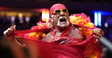 U.S. pro-wrestler Hulk Hogan rips his shirt before Republican presidential nominee former President Donald Trump speaks at a campaign rally at Madison Square Garden, New York, U.S., Oct. 27, 2024. (AP Photo)