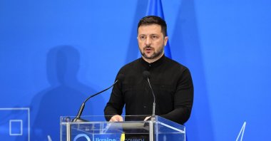 Ukraine President Volodymyr Zelenskyy delivers a speech during the Ukraine Recovery Conference 2025 at Convention Center La Nuvola, Rome, Italy, July 10, 2025. (EPA Photo)