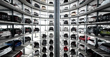 Volkswagen cars are seen inside the storage tower at the Wolfsburg Volkswagen Plant, the worldwide headquarters of the Volkswagen Group, in Wolfsburg, Germany, Nov. 15, 2024. (AFP Photo)