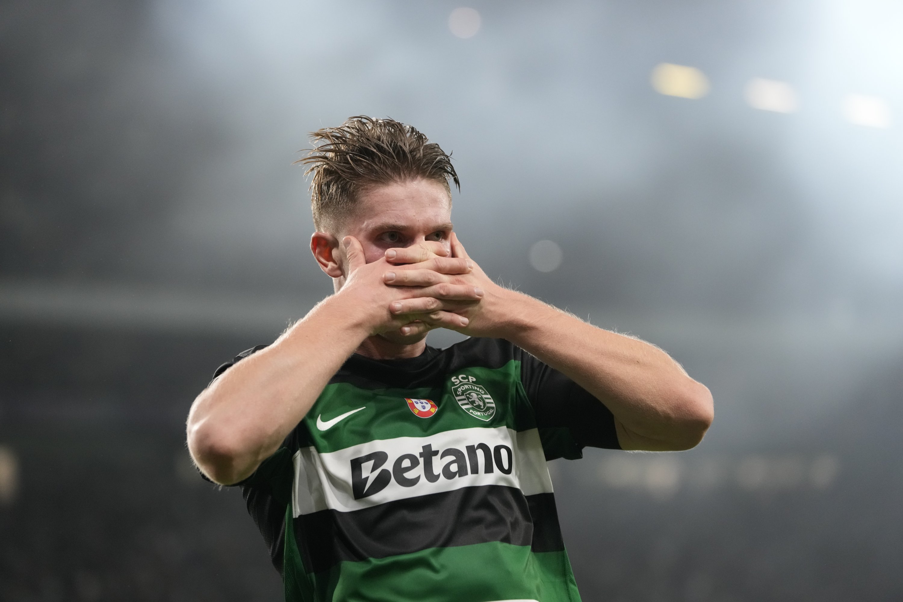 Viktor Gyokeres does his trademark celebration after scoring in a Champions League match against Manchester City in Lisbon, Portugal, Nov. 5, 2024. (AP Photo)