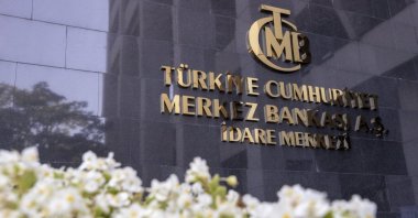 The logo of the Central Bank of the Republic of Türkiye (CBRT) at the entrance of the bank's headquarters, Ankara, Türkiye, July 28, 2022. (AA Photo)