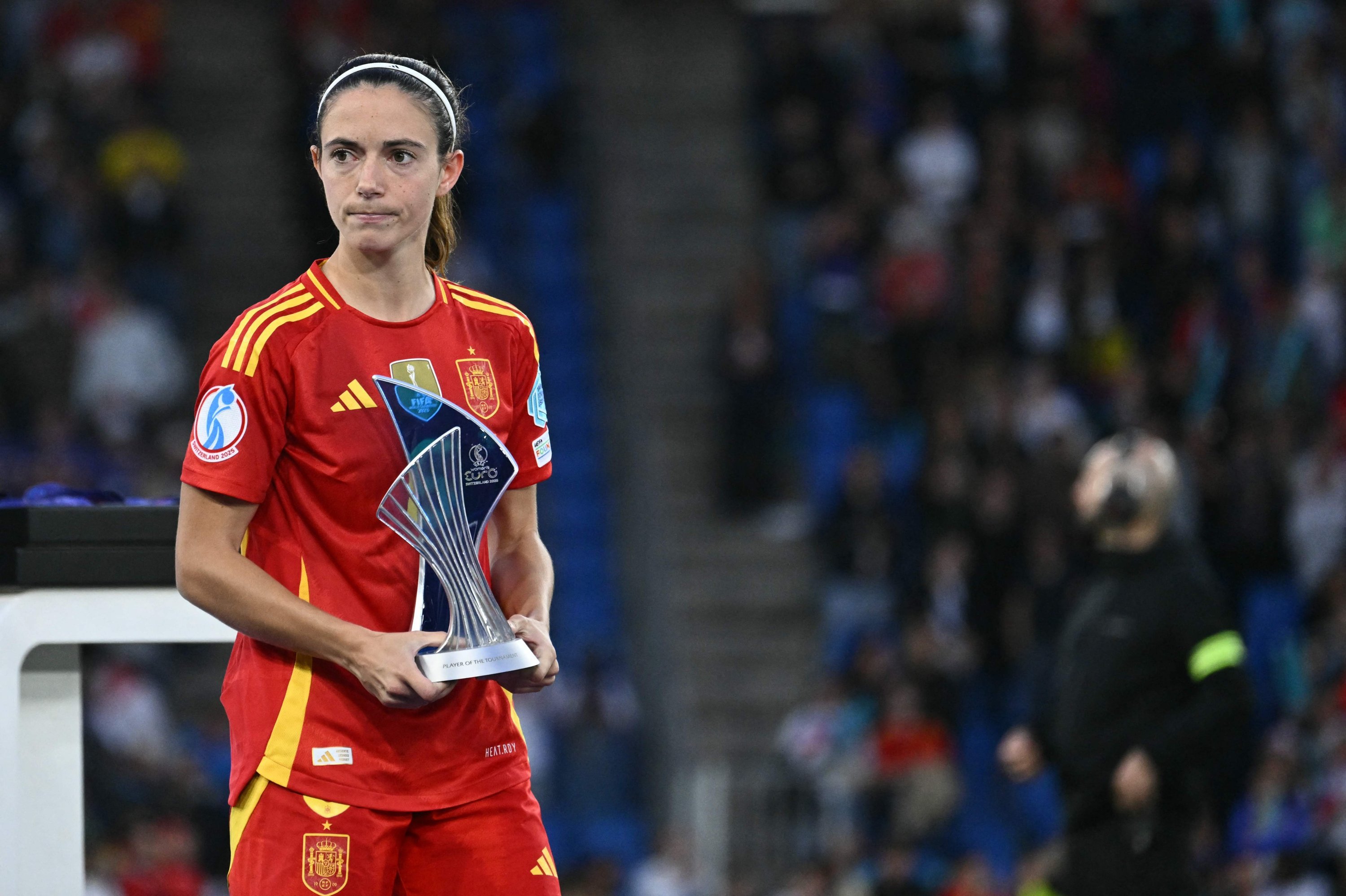 Spain's Aitana Bonmati holds the trophy after winning the Best Player of the Tournament Award after Spain lost to England in the UEFA Women's Euro 2025 final football match between England and Spain at the St. Jakob-Park Stadium, Basel, Switzerland, July 27, 2025. (AFP Photo)