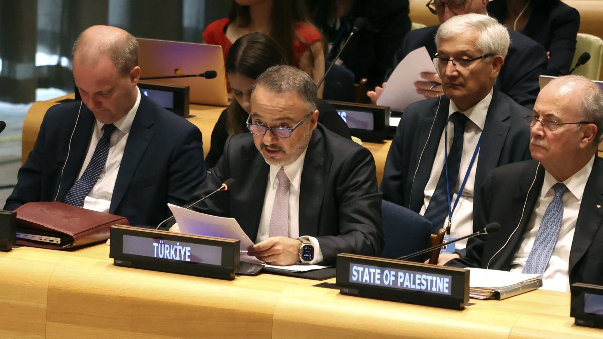 Deputy Foreign Minister Nuh Yılmaz (C) speaks during a conference on the two-state solution to the Israeli-Palestinian conflict, at the United Nations (UN) headquarters in New York, New York, July 28, 2025. (EPA Photo)