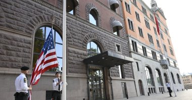 U.S. and Chinese flags are being raised outside government offices ahead of the trade talks between China and the U.S., Stockholm, Sweden, July 28, 2025. (EPA Photo)