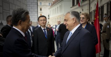Hungarian Prime Minister Viktor Orban (R) receiving Standing Committee of the National People's Congress Chair Zhao Leji (L) in his office, Budapest, Hungary, July 27, 2025. (Hungarian Prime Minister's General Department of Communication Handout via EPA Photo)