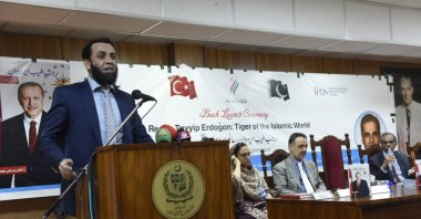 Pakistan&#039;s Information Minister Ataullah Tarar speaks at the launch ceremony of the book &quot;Recep Tayyip Erdoğan - Tiger of the Islamic World&quot; in the capital, Islamabad, July 28, 2025. (AA Photo)