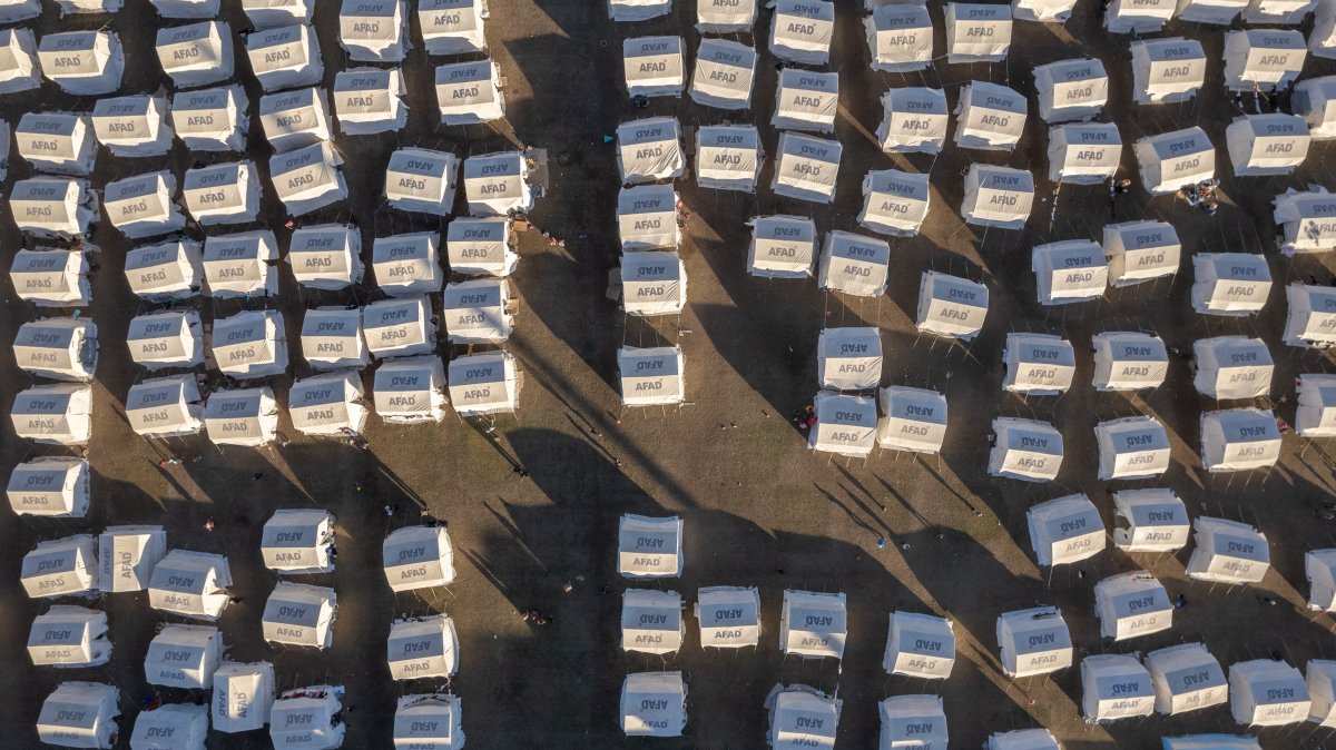 An aerial drone view of the tent city established for earthquake victims inside the stadium in the city center, Kahramanmaraş, Türkiye, Feb. 16, 2023. (Shutterstock Photo)