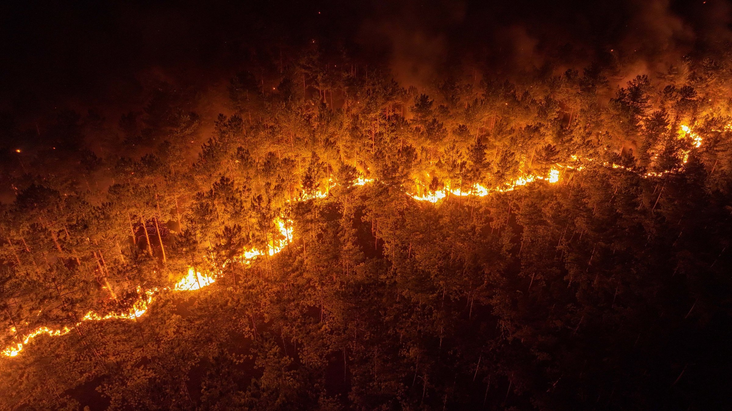 An aerial view shows the forest fire between the Orhaneli and Harmancık districts being battled by crews through the night, Bursa, Türkiye, July 29, 2025. (AA Photo)