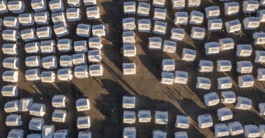 An aerial drone view of the tent city established for earthquake victims inside the stadium in the city center, Kahramanmaraş, Türkiye, Feb. 16, 2023. (Shutterstock Photo)