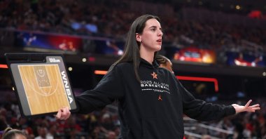 Indiana Fever&#039;s Caitlin Clark reacts during the first quarter of the 2025 AT&amp;T WNBA All-Star Game at Gainbridge Fieldhouse, Indianapolis, U.S., July 19, 2025. (AFP Photo)