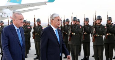 President Recep Tayyip Erdoğan welcomes Kazakh President Kassym-Jomart Tokayev (R) at the airport, Ankara, Türkiye, July 28, 2025. (Reuters Photo)