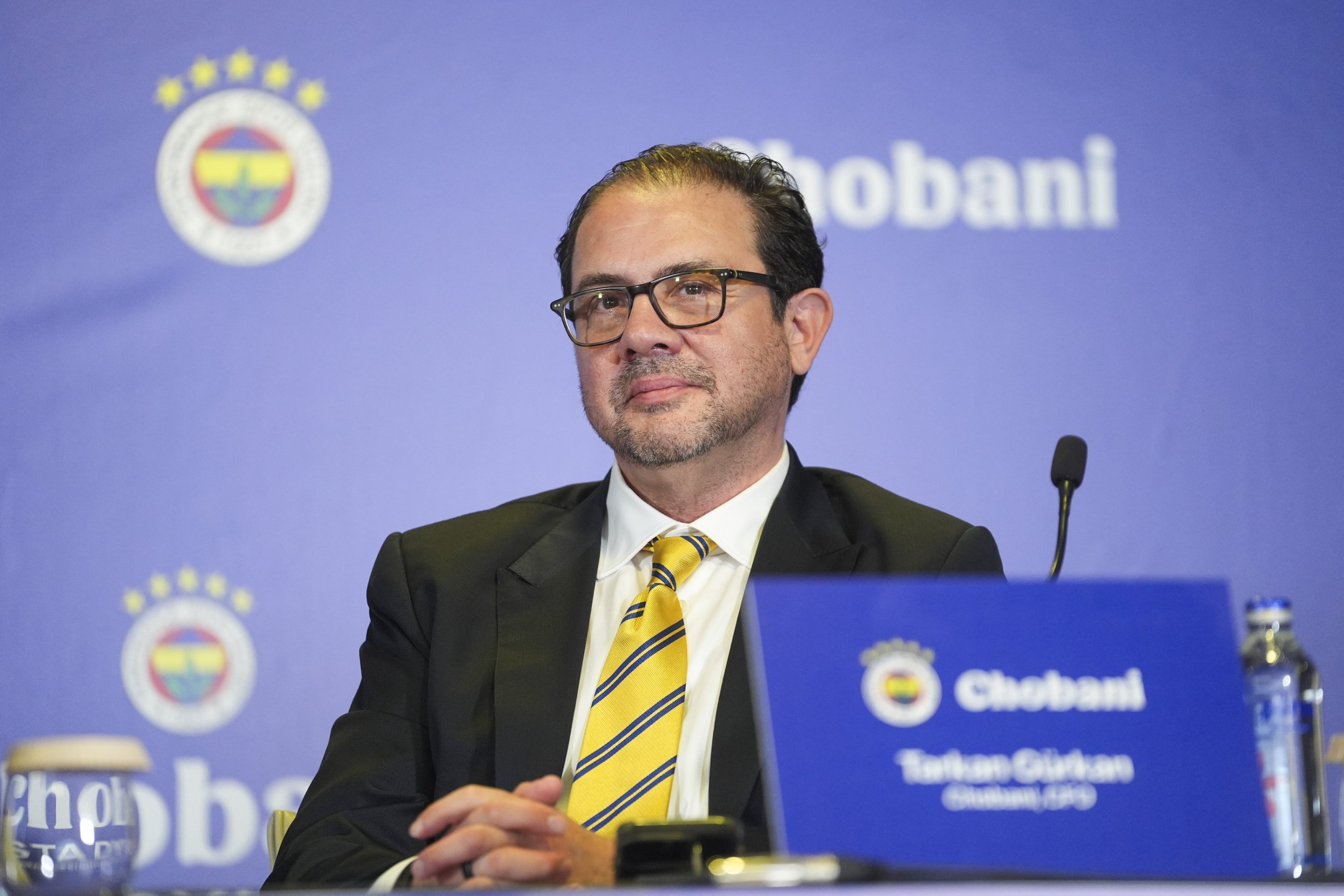 Chobani CFO Tarkan Gürkan speaks during the press conference held at Chobani Stadium following the sponsorship agreement signing, Istanbul, Türkiye, July 30, 2025. (AA Photo)