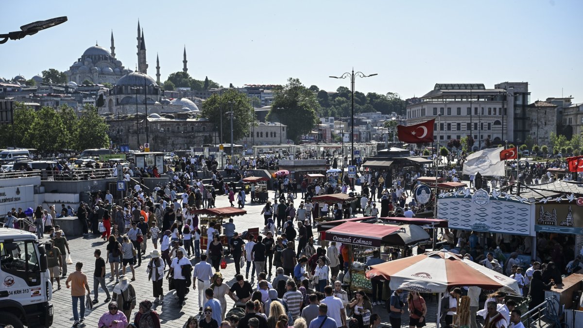 An aerial view shows crowds of people walking in the Eminönü neighborhood, Istanbul, Türkiye, June 9, 2025. (AA Photo)