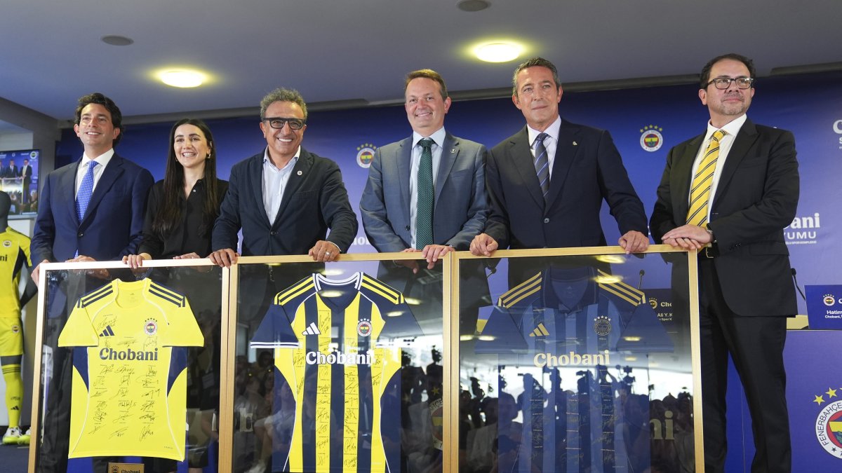 (L–R) Fenerbahçe General Secretary Burak Çağlan Kızılhan, Chobani Communications Director Hatime Ulukaya, Chobani Founder and CEO Hamdi Ulukaya, Shepherd Futures Chairman Mehmet Lütfi Kırdar, Fenerbahçe President Ali Koç, Chobani CFO Tarkan Gürkan pose for a photo after the signing of the sponsorship deal, Istanbul, Türkiye, July 30, 2025. (AA Photo)