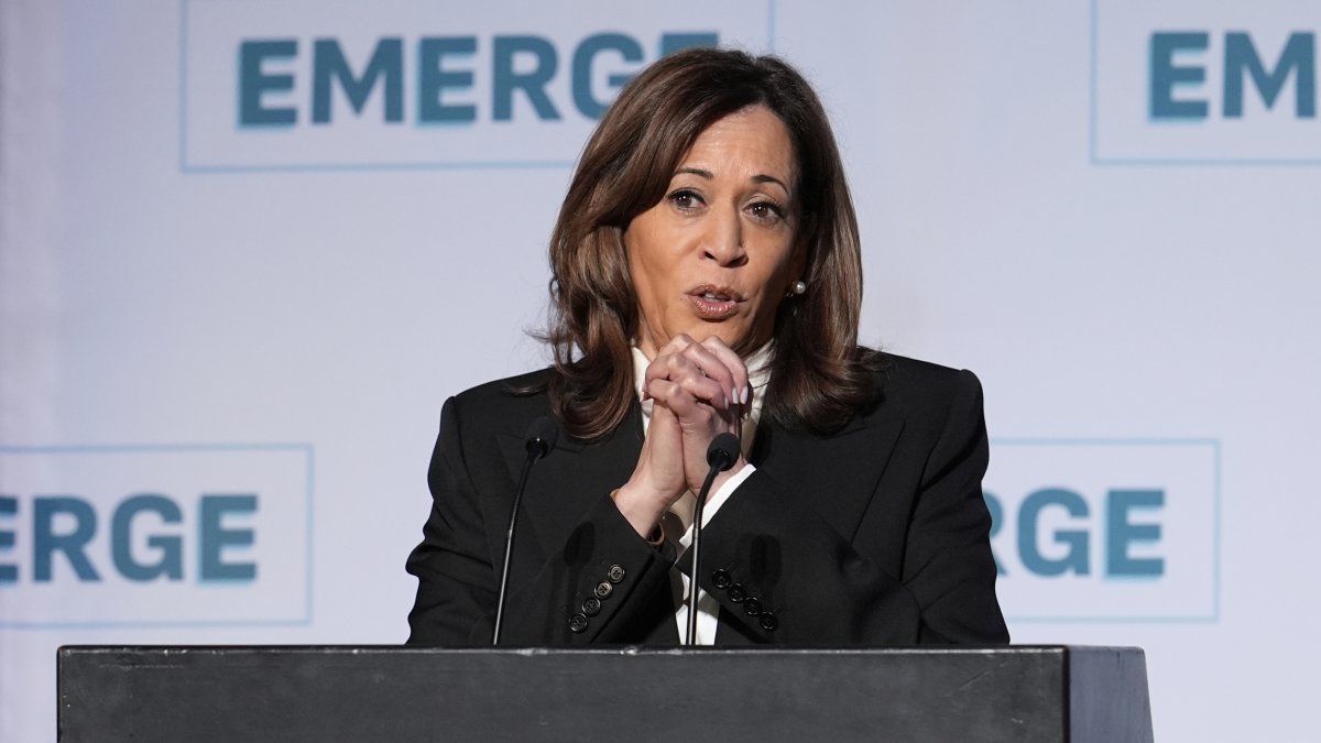 Former Vice President Kamala Harris delivers the keynote speech at the Emerge 20th Anniversary Gala, San Francisco, U.S., April 30, 2025. (AP Photo)