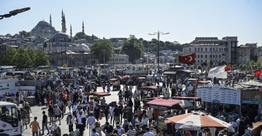 An aerial view shows crowds of people walking in the Eminönü neighborhood, Istanbul, Türkiye, June 9, 2025. (AA Photo)