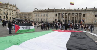 Protesters participate in a pro-Palestinian demonstration during the first emergency ministerial summit of the Hague Group, Bogota, Colombia, July 16, 2025. (EPA Photo)