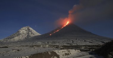 The Klyuchevskoy volcano, one of the highest active volcanoes in the world, erupts in Russia&#039;s northern Kamchatka Peninsula, Russian Far Esat, Oct. 28, 2023. (AP Photo)