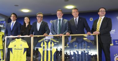(L–R) Fenerbahçe General Secretary Burak Çağlan Kızılhan, Chobani Communications Director Hatime Ulukaya, Chobani Founder and CEO Hamdi Ulukaya, Shepherd Futures Chairman Mehmet Lütfi Kırdar, Fenerbahçe President Ali Koç, Chobani CFO Tarkan Gürkan pose for a photo after the signing of the sponsorship deal, Istanbul, Türkiye, July 30, 2025. (AA Photo)