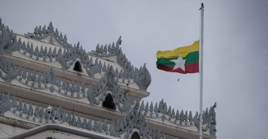 Myanmar&#039;s national flag flutters at half-mast outside the City Hall on the 78th Martyrs&#039; Day that marks the anniversary of the assassination of independence leaders, including General Aung San, father of the currently deposed and imprisoned leader Aung San Suu Kyi, Yangon, Myanmar, July 19, 2025. (AFP Photo)
