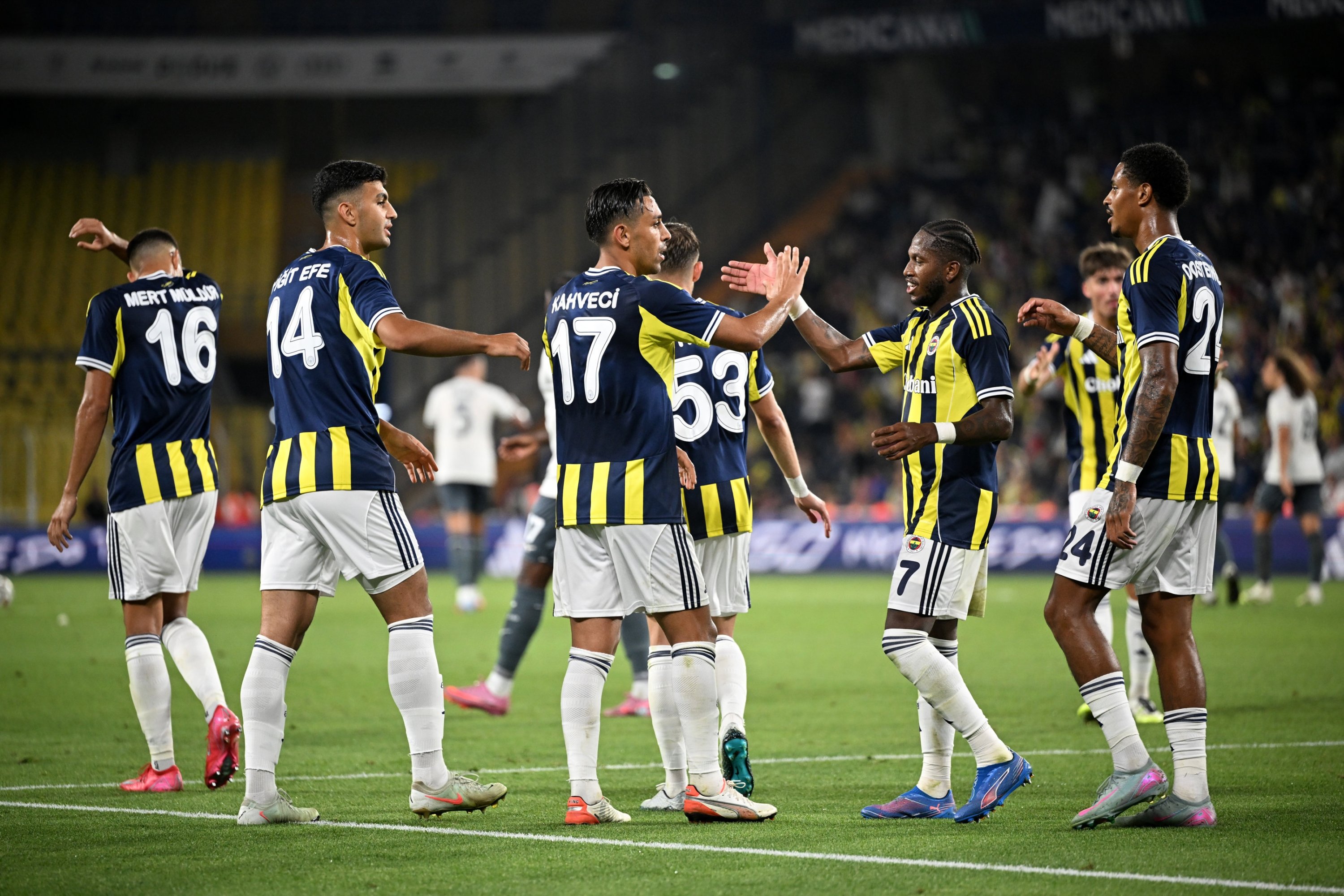 Fenerbahçe players celebrate Irfan Can Kahveci's (C) goal during a friendly match against Lazio at Chobani Stadium, Istanbul, Türkiye, July 30, 2025. (AA Photo)