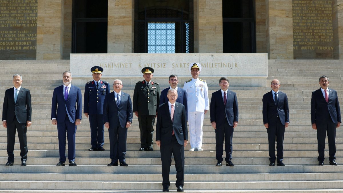 President Recep Tayyip Erdoğan, accompanied by top military commanders and Cabinet members, visits Anıtkabir ahead of the Supreme Military Council&#039;s meeting, Ankara, Türkiye, Aug. 3, 2023. (Reuters Photo)