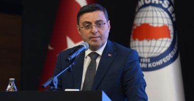 Serkan Bayram delivers a speech at the "Film Screenings" event organized by Genç Memur-Sen, Ankara, Türkiye, July 2, 2025. (AA Photo)