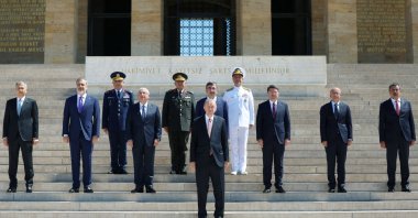 President Recep Tayyip Erdoğan, accompanied by top military commanders and Cabinet members, visits Anıtkabir ahead of the Supreme Military Council&#039;s meeting, Ankara, Türkiye, Aug. 3, 2023. (Reuters Photo)