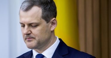 Lithuanian Prime Minister Gintautas Paluckas speaks during a press conference in Chisinau, Moldova, May 23, 2025. (EPA Photo)