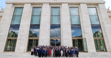 Parliament speakers pose for a family photo at the Sixth World Conference of Speakers of Parliament, Geneva, Switzerland, July 30, 2025. (AA Photo)