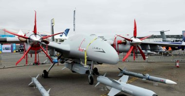 This photograph shows an Akıncı drone aircraft presented by Turkish defense company Baykar Defense displayed during the 55th edition of the International Paris Air Show at the Paris-Le Bourget Airport, in Le Bourget, a suburb of Paris, France, June 15, 2025. (AFP Photo)