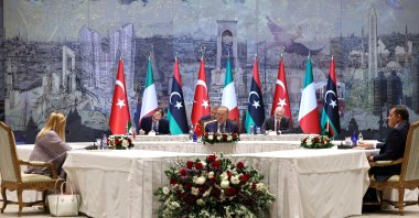 President Recep Tayyip Erdoğan holds meeting with Italian Prime Minister Giorgia Meloni and Libyan Prime Minister Abdul Hamid Dbeibah at the Dolmabahçe Office in Istanbul, Friday, Aug. 1, 2025. (AA Photo)