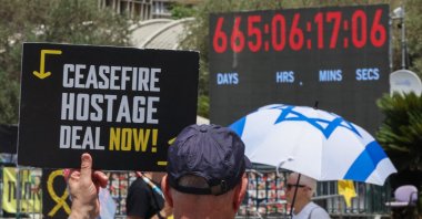 Families of Israelis held hostage in the Gaza Strip since October 2023 demonstrate during U.S. envoy Steve Witkoff&#039;s visit in Tel Aviv&#039;s &#039;Hostage&#039; square, Israel, Aug. 2, 2025. (AFP Photo)