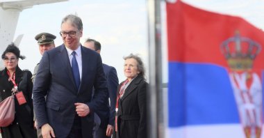 Serbian President Aleksandar Vucic (front) arrives at the Vnukovo airport ahead of celebrations of the 80th anniversary of the Soviet Union&#039;s victory over Nazi Germany during World War II, Moscow, Russia, May 7, 2025. (AP Photo)