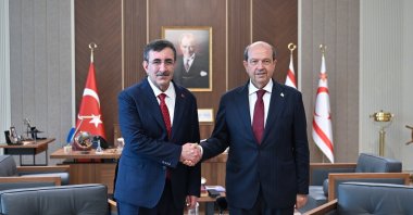 Turkish VP Cevdet Yılmaz (L) shakes hands with Turkish Cypriot President Ersin Tatar at a meeting in Lefkoşa (Nicosia), Turkish Republic of Northern Cyprus, Aug. 2, 2025. (AA Photo)