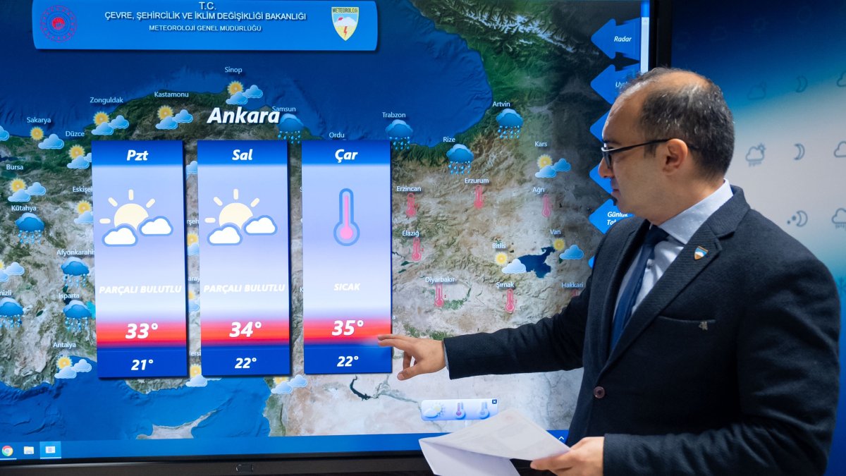 Cengiz Çelik, weather forecast expert, discusses rising temperatures across the country this week. Ankara, Türkiye, Aug. 3, 2025. (AA Photo)