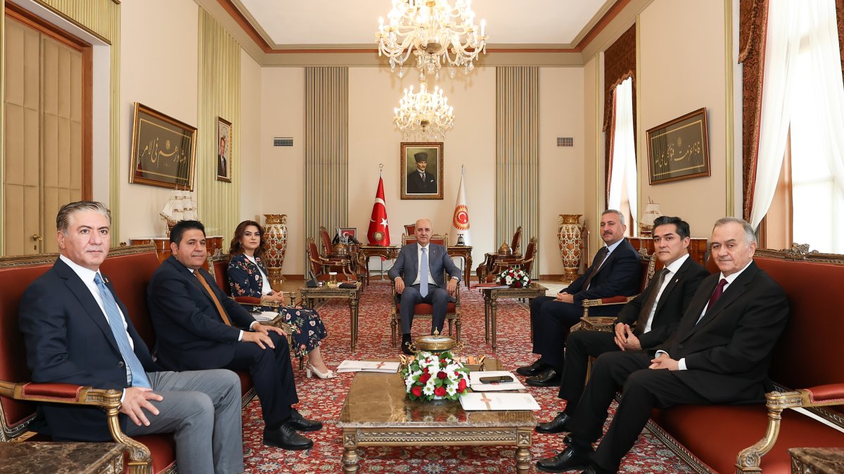 Parliament Speaker Numan Kurtulmuş (C) meets with representatives of parties to discuss the terror-free Türkiye initiative, Ankara, Türkiye, July 18, 2025.• (IHA Photo)