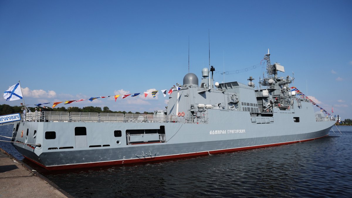 The frigate ‘Admiral Grigorovich’ during Navy Day celebrations in St. Petersburg, Russia, July 27, 2025. (EPA Photo)