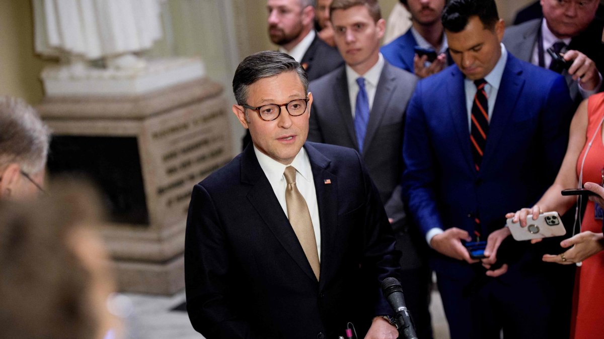 U.S. Speaker of the House Mike Johnson (R-LA) speaks to members of the media outside the House Chamber at the U.S. Capitol, July 23, 2025. (AFP Photo)