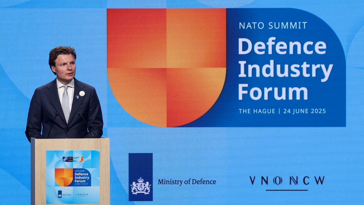 Dutch Defense Minister Ruben Brekelmans addresses a NATO Defence Industry Forum, on the sidelines of a NATO summit, in The Hague, Netherlands, June 24, 2025. (Reuters File Photo)