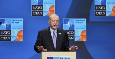 Turkish President Recep Tayyip Erdoğan speaks during a press conference after the plenary session at the NATO summit in The Hague, Netherlands, June 25, 2025. (AP Photo)