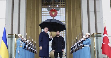 President Recep Tayyip Erdoğan poses with Ukrainian President Volodymyr Zelenskyy (R) during their meeting at the Presidential Complex, Ankara, Türkiye, Feb. 18, 2025. (AP Photo)
