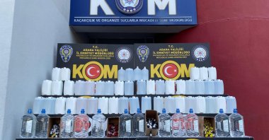 Eight hundred liters of illegal ethyl alcohol were seized in Adana, southern Türkiye, July 14, 2025. (AA Photo)