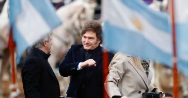 Argentina&#039;s President Javier Milei (C), his sister, Secretary General of the Presidency Karina Milei, and Economy Minister Luis Caputo arrive for the Argentine Rural Society&#039;s expo, Buenos Aires, Argentina, July 26, 2025. (AFP Photo)