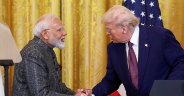 U.S. President Donald Trump (R) and Indian Prime Minister Narendra Modi shake hands as they attend a joint press conference at the White House, Washington, D.C., U.S., Feb. 13, 2025. (Reuters Photo)