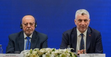 Turkish Trade Minister Ömer Bolat delivers remarks during the Türkiye-Syria Roundtable Meeting held at TOBB Twin Towers beside Syrian Economy and Industry Minister Nidal Shaar, Aug. 5, 2025. (AA Photo)