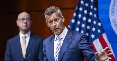 U.S. Transportation Secretary Sean Duffy (R) speaks during a press conference to promote American drone production at the Department of Transportation, Washington, U.S., Aug. 5, 2025. (EPA Photo)